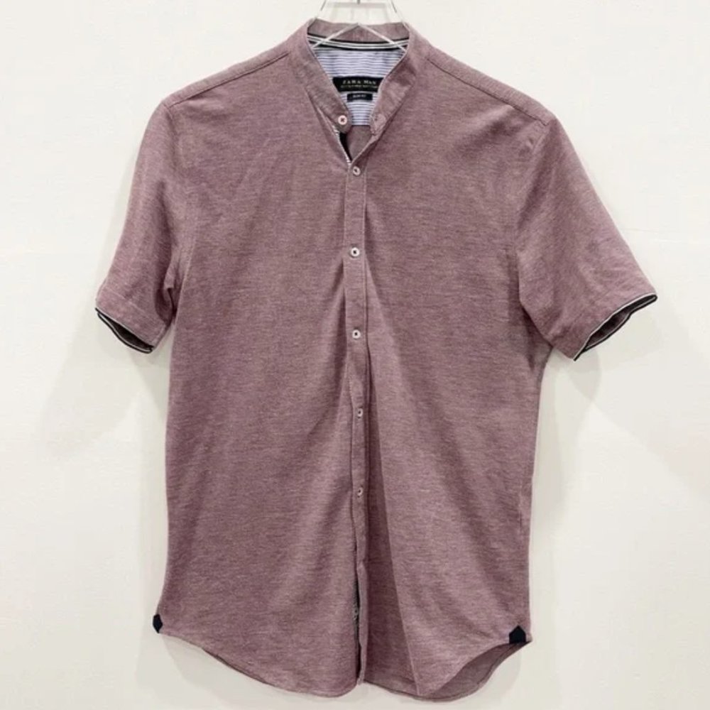Zara Man Mandarin Collar Button Up Shirt Washer Red Short Sleeve Medium